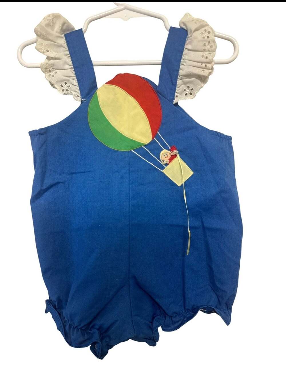 Vintage Nannette Baby Romper Hot Air Balloon Applique  Eyelet Ruffle Straps